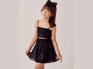 Black Sequin Two-Piece Set for Girls - Sleeveless Crop Top and Skirt Party Outfit