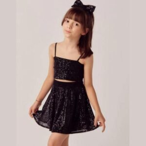 Black Sequin Two-Piece Set for Girls - Sleeveless Crop Top and Skirt Party Outfit