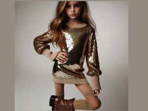 Elegant Gold Sequin Dress for Girls with Ribbed Cuffs – Winter Fashion