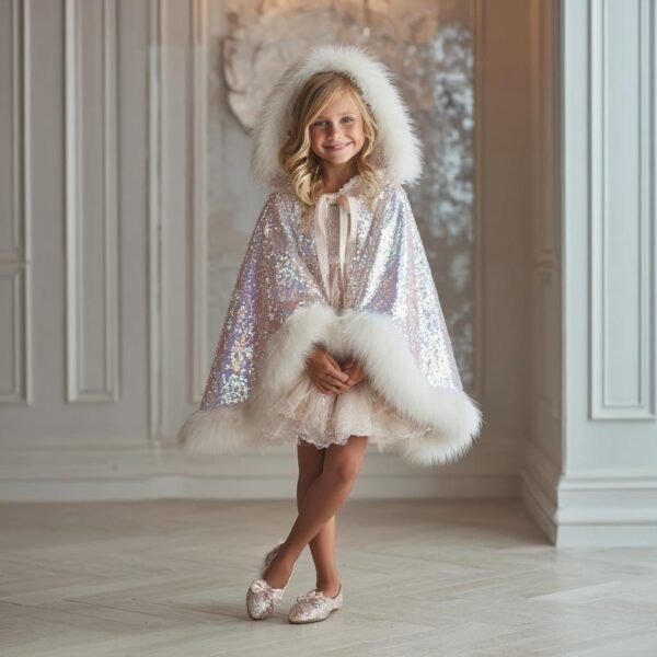 Girls Sequin Cape with Faux Fur Trim – Princess Sparkly Cloak