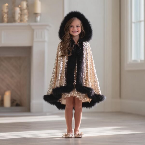 Girls Gold Sequin Cape with Hood – Black Faux Fur Trim, Luxury Princess Cloak