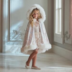 Girls Sequin Cape with Faux Fur Trim – Princess Sparkly Cloak