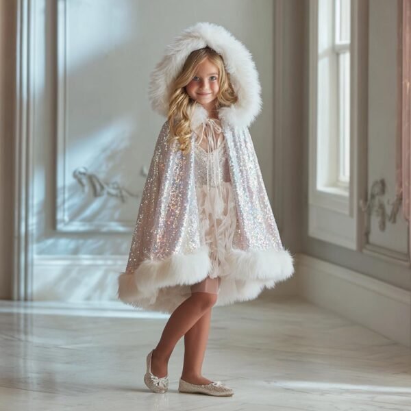 Girls Sequin Cape with Faux Fur Trim – Princess Sparkly Cloak
