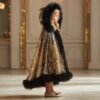 Girls Gold Sequin Cape with Hood – Black Faux Fur Trim, Luxury Princess Cloak