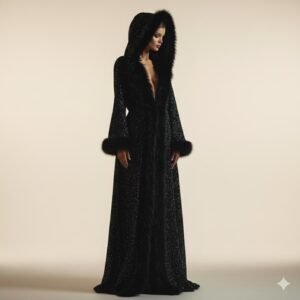 Black Sequin Hooded Kaftan – Luxury Faux Fur Trim Cloak, Gothic Outfit