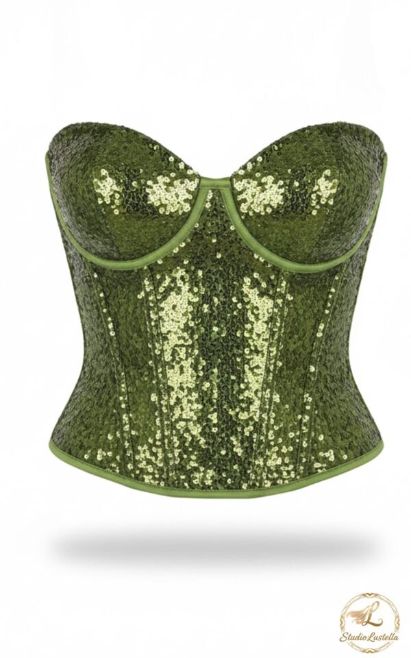 Handmade Khaki Sequin Corset, Festival Top, Burning Man Outfit, Green Sequin Bustier, Warrior Costume, Desert Goddess, Custom Fit