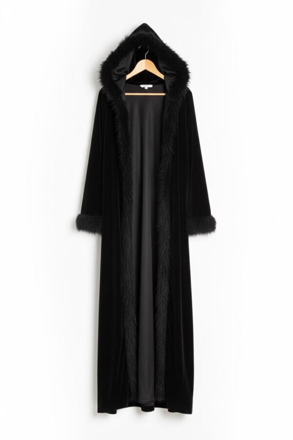 il_fullxfull.7380343319_o5i1.jpg Black Velvet Hooded Kaftan – Faux Fur Trim Festival Coat, Unisex Burning Man Outfit